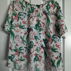 Ann Taylor Multi-Color All Over Tropical Bird Print Short Sleeve Top
